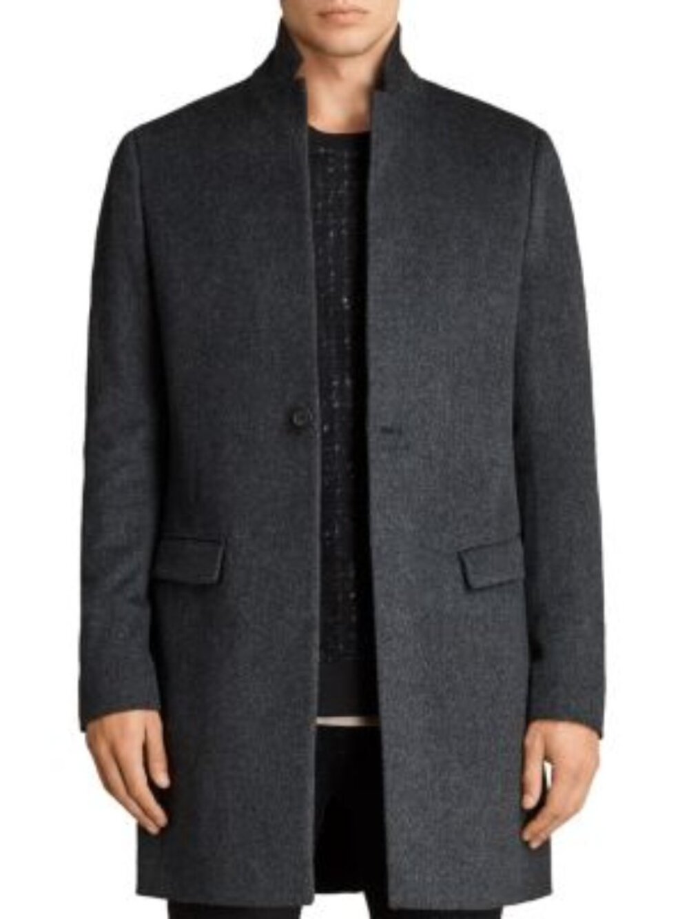 AllSaints Bodell 100% Wool Tailored Coat Charcoal Notch Lapel Single Button